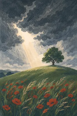 Lone Hilltop Tree Under Stormy Sky