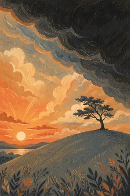 Lone Hilltop Tree Beneath Stormy Sunset Sky