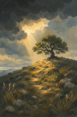 Lone Oak on Hilltop Under Storm Sky