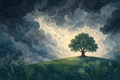 Lone Hilltop Tree Beneath Storm Clouds