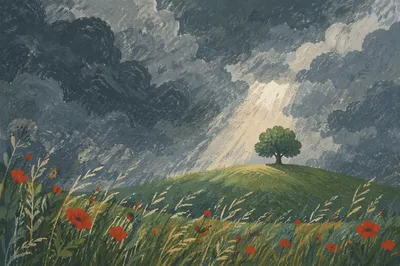Lone Hilltop Tree Under Stormy Sky