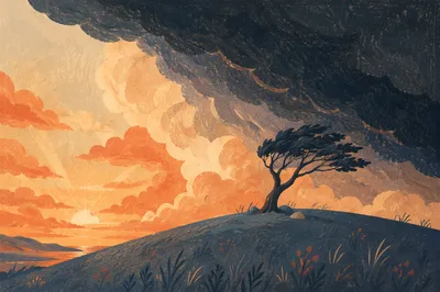 Lone Hilltop Tree Under Dramatic Sunset Sky