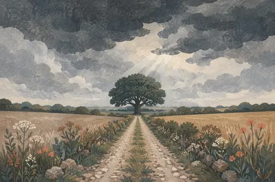 Lone Tree on Hilltop Beneath Storm Clouds