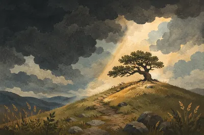Lone Oak on Hilltop Under Storm Clouds