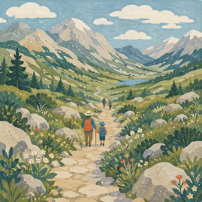 Alpine Meadow Path Toward Distant Mountains
