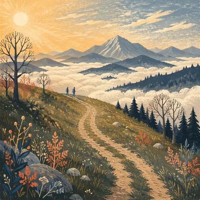 Golden Meadow Path to Distant Mountains