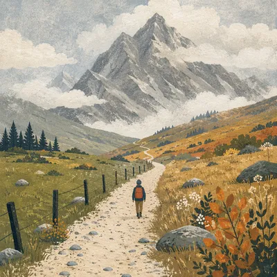 Meadow Path Toward Misty Alpine Mountains