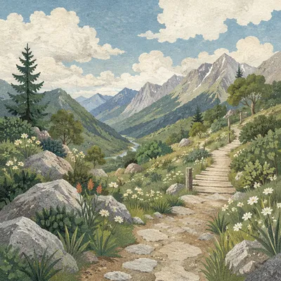 Alpine Meadow Path Toward Distant Mountains