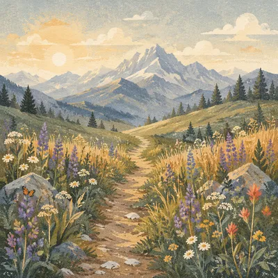Meadow Path Toward Distant Blue Mountains