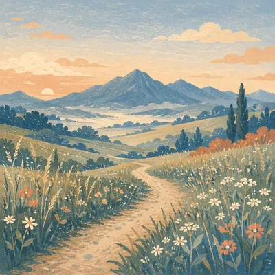 Meadow Path Toward Misty Morning Mountains