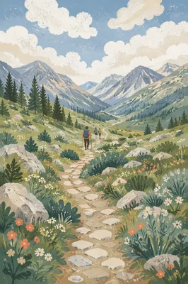 Alpine Meadow Path Toward Distant Mountains