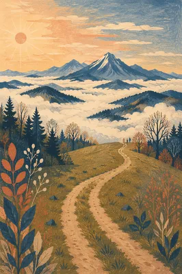 Golden Meadow Path Toward Misty Mountains