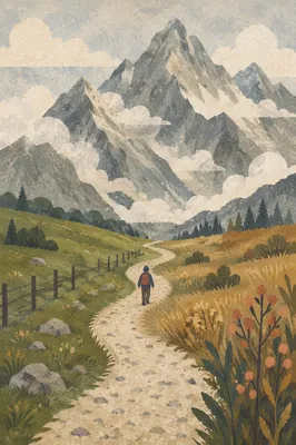 Meadow Path Toward Misty Alpine Mountains