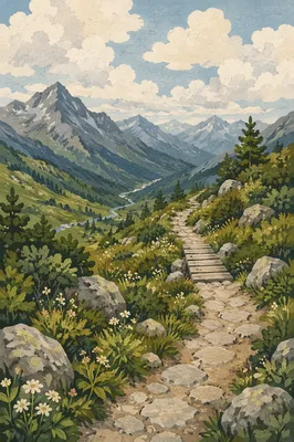 Alpine Meadow Path Toward Distant Mountains