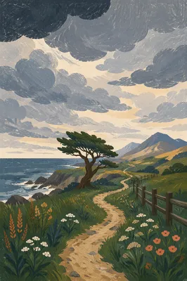 Meadow Path to Distant Coastal Mountains