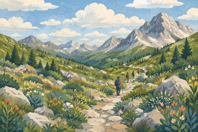 Alpine Meadow Path Toward Distant Mountains