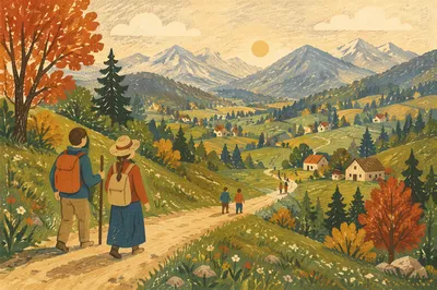 Winding Meadow Path to Distant Mountains