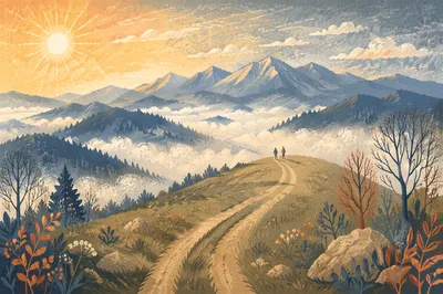 Golden Meadow Path to Distant Mountains
