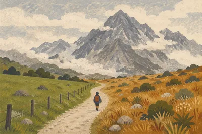 Meadow Path Toward Misty Alpine Mountains