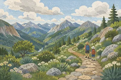 Alpine Meadow Path Toward Distant Mountains