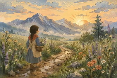 Meadow Path Toward Misty Sunrise Mountains