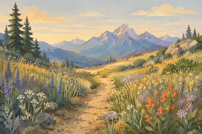 Meadow Path Toward Distant Blue Mountains