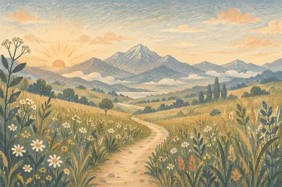 Meadow Path Toward Misty Morning Mountains
