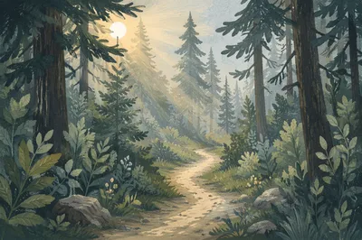 Misty Forest Path With Morning Light Rays