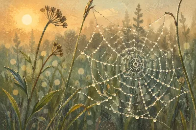 Dewlit Spider Web in Dawn Meadow