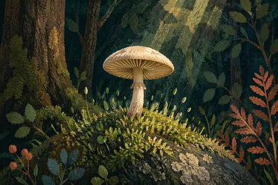 Pale Wild Mushroom on Mossy Forest Rock