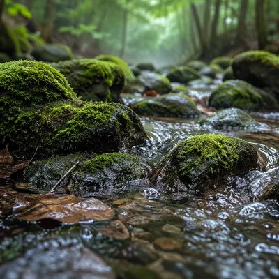 Moss Covered Forest Stream Rocks Close-Up
