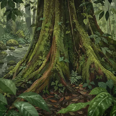 Moss Covered Rainforest Tree Trunk Detail