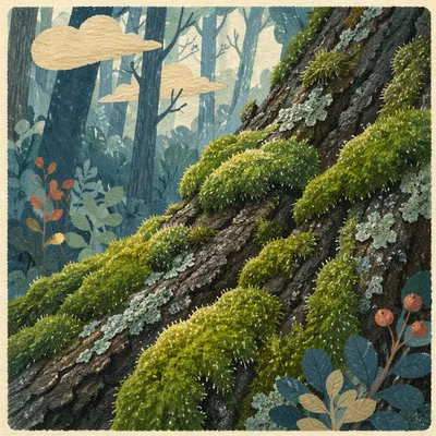 Emerald Moss on Forest Tree Bark