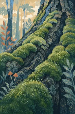 Emerald Moss on Forest Tree Bark