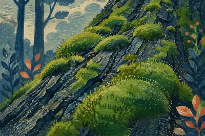 Emerald Moss on Rugged Forest Bark