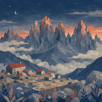 Majestic Alpine Peaks Above Blue Hour Clouds