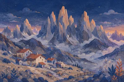 Majestic Mountain Peaks Above Blue Hour Clouds