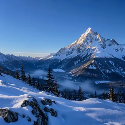 Snow-Capped Mountain Peak Under Blue Sky