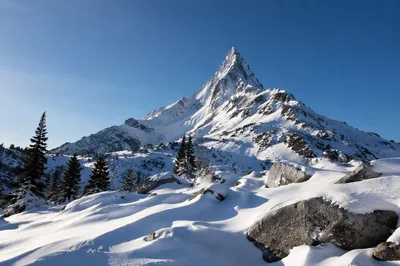 Snow-Capped Mountain Peak Under Blue Sky