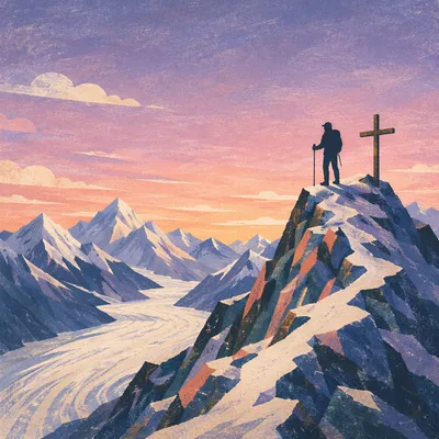 Sunrise Climber Beside Summit Cross