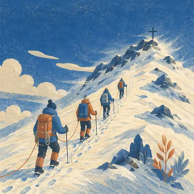 Sunrise Climbers Approaching Summit Cross