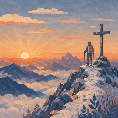 Sunrise Summit Cross Above Mountain Clouds