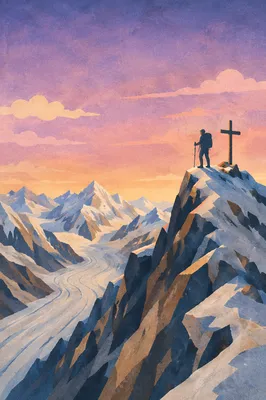 Sunrise Climber Beside Summit Cross