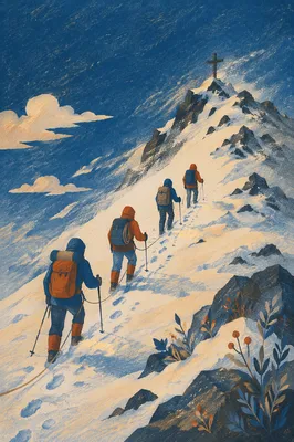 Climbers Near Summit Cross at Sunrise