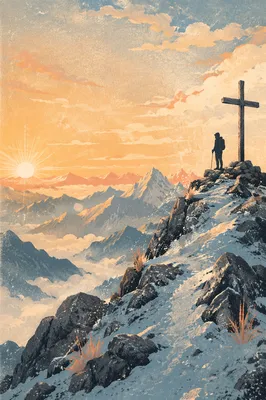 Climber and Summit Cross at Sunrise