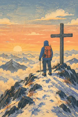 Sunrise Climber Beside Summit Cross