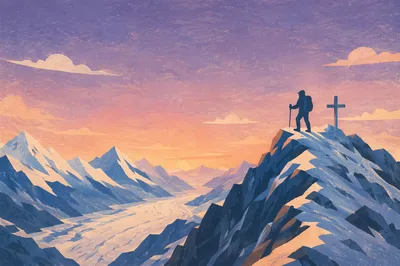 Sunrise Climber Beside Summit Cross
