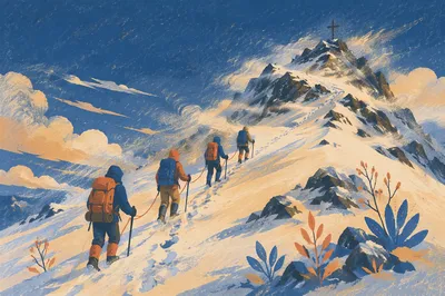 Climbers Approaching Summit Cross at Sunrise