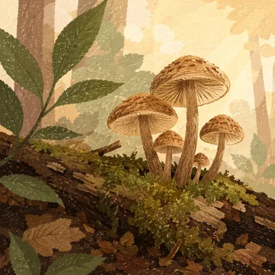 Wild Mushrooms on Mossy Forest Log