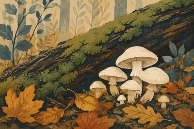 Wild Mushrooms on Mossy Fallen Log